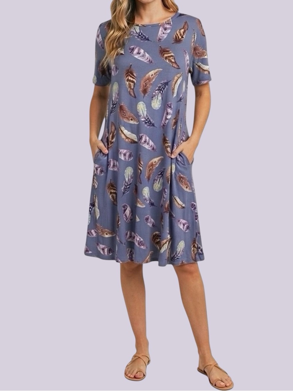 Perfect Peach Boutique Feather Print Shirt Dress w/Pockets Dusty Lavender M 8/10